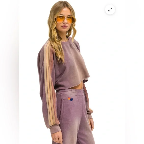 Aviator Nation CLASSIC STRIPE CROPPED CREW SWEATSHIRT RELAXED - FADED MOCHA - Picture 2 of 7